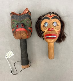 TWO NORTHWEST COAST KWAKWA?KA??WAKW FIRST NATION WOODEN RATTLES, - Height: 10 inches.