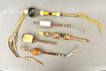 FIVE ASSORTED NATIVE AMERICAN CONE, TINKLER, RAWHIDE RATTLES, - Average length: 13 inches.