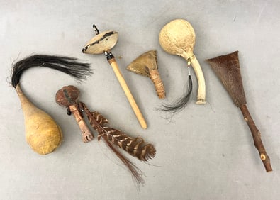 SIX ASSORTED NATIVE AMERICAN CEREMONIAL DECORATED RATTLES, - Length: approx. 11 inches .