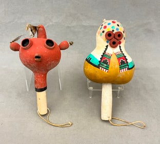 TWO NATIVE AMERICAN HOPI GOURD RATTLES (AYA), - Length: approx. 11.5 inches.
