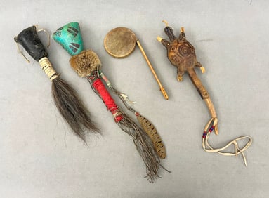 FOUR ASSORTED NATIVE AMERICAN RATTLES, - Length: approx. 16 inches.
