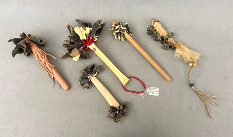 FIVE ASSORTED PLAINS AND EASTERN WOODLANDS DEW CLAW RATTLES, - Length: Average: 12 inches.