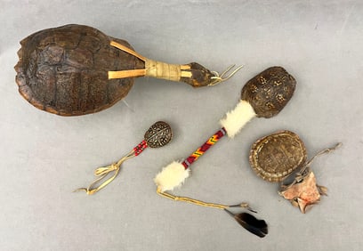 FOUR ASSORTED NATIVE AMERICAN TURTLE SHELL RATTLES, - Length (large snapping turtle): 18 inches .