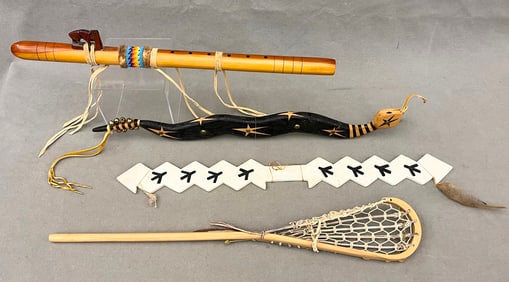 FOUR ASSORTED NATIVE AMERICAN ARTIFACTS COVERING MUSIC, CEREMONY, AND SPORT, - Length: 20 to 24
