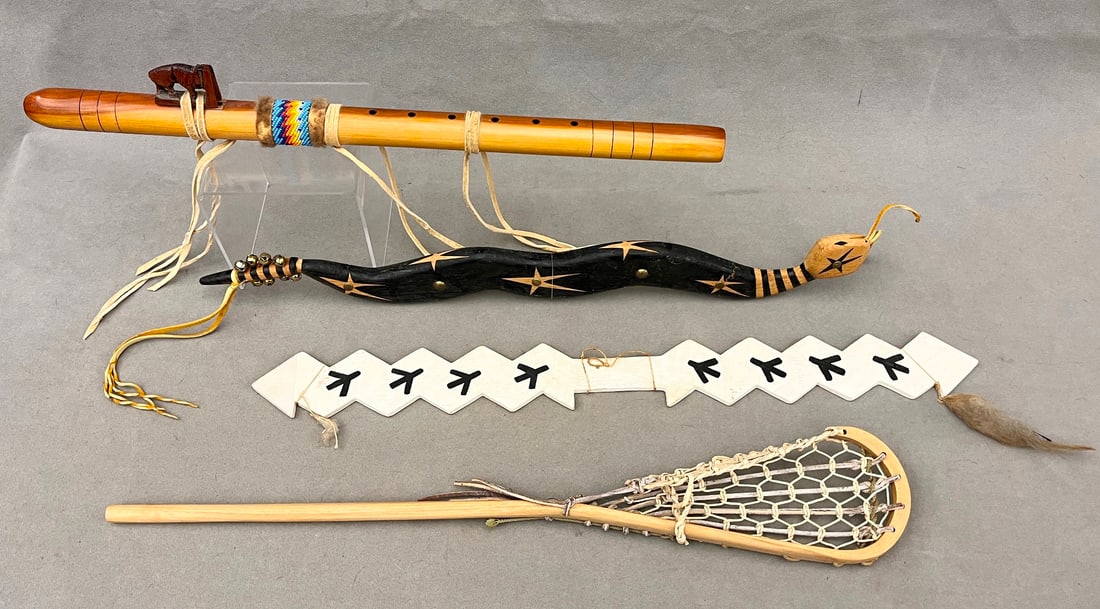FOUR ASSORTED NATIVE AMERICAN ARTIFACTS COVERING MUSIC, CEREMONY, AND SPORT, - Length: 20 to 24 (1 of 20)