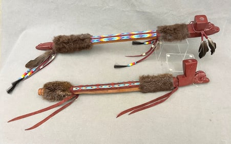 TWO DECORATED NATIVE AMERICAN SMOKING PIPES, CALUMETS, - Length (longest one): 19 inches.