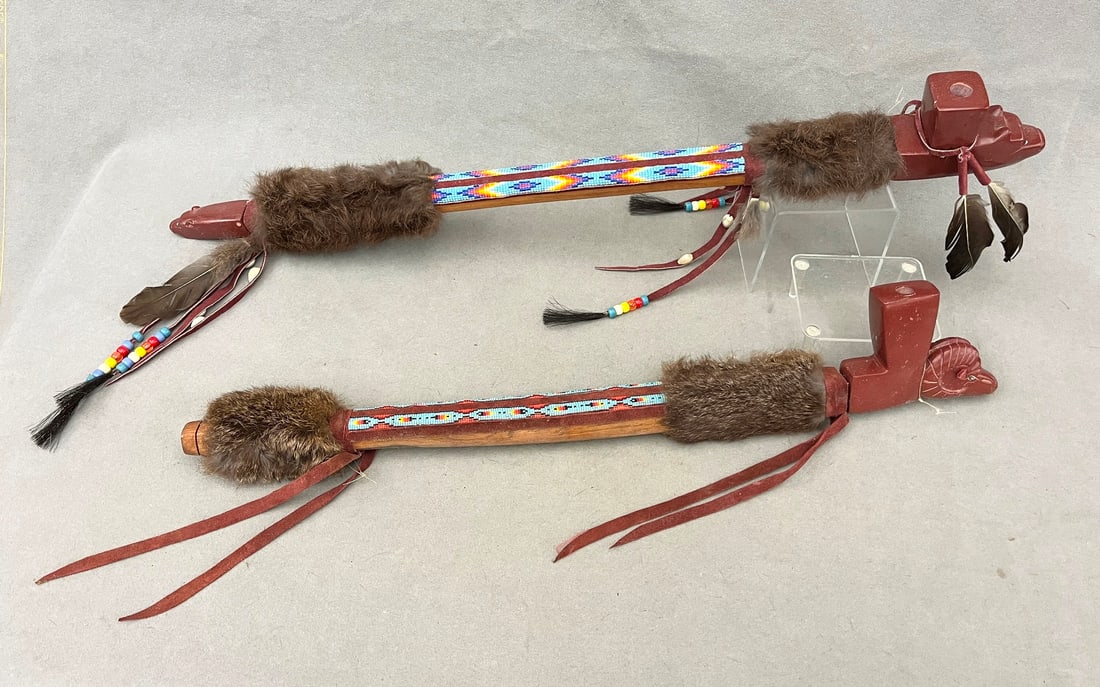 TWO DECORATED NATIVE AMERICAN SMOKING PIPES, CALUMETS, - Length (longest one): 19 inches. (1 of 20)