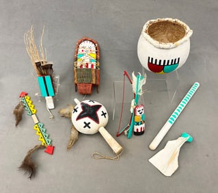 SEVEN ASSORTED HOPI PUEBLO TRADITIONAL AND CEREMONIAL OBJECTS,