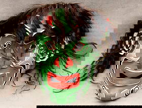 SIGNED BEAU DICK BUKWUS MASK, - Height: 11 inches.: SIGNED BEAU DICK BUKWUS MASK. Hand-carved wooden Pacific Northwest Coast Indigenous ceremonial mask signed by artist BEAU DICK 1955-2017who was a highly renowned and influential master carver and cer