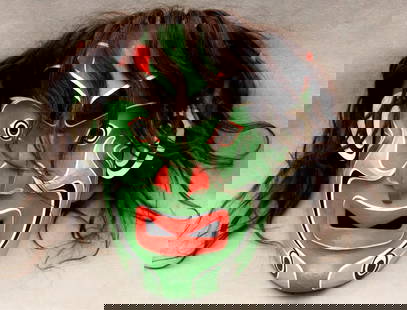 SIGNED BEAU DICK BUKWUS MASK, - Height: 11 inches.: SIGNED BEAU DICK BUKWUS MASK. Hand-carved wooden Pacific Northwest Coast Indigenous ceremonial mask signed by artist BEAU