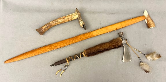 THREE ASSORTED NATIVE AMERICAN AXE, HATCHETS OR TOMAHAWKS, - Length: (longest axe): 36 inches.