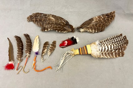 TEN ASSORTED NATIVE AMERICAN CEREMONIAL FEATHER FAN AND OTHERS, - Length: (feather dust including
