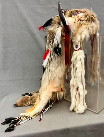 Medicine man bonnet, ceremonial headdress, possibly Coyote, Plains Indian