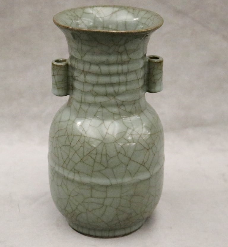 CHINESE MUTED BLUE-GREEN CRACKLE-GLAZED POCELAIN TWO-HANDLE VASE WITH RIBBED NECK, (1 of 20)