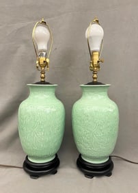PAIR CHINESE CELADON GLAZED, RELIEF-MOLDED, BALUSTER-FORM VASES MOUNTED AS TABLE LAMPS. - Vase