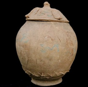 CHINESE MOLDED, CARVED, AND PAINTED POTTERY LIDDED LOTUS JAR, Five Dynasties and Ten Kingdoms