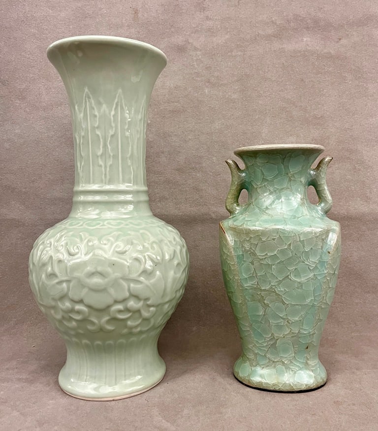 TWO CHINESE CELADON GLAZED VASES. - H: 12 in. (taller). (1 of 7)