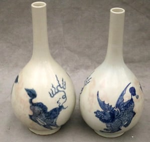 PAIR CHINESE BLUE AND WHITE PORCELAIN DRAGON-DECORATED BOTTLE VASES, - H: 12 in.