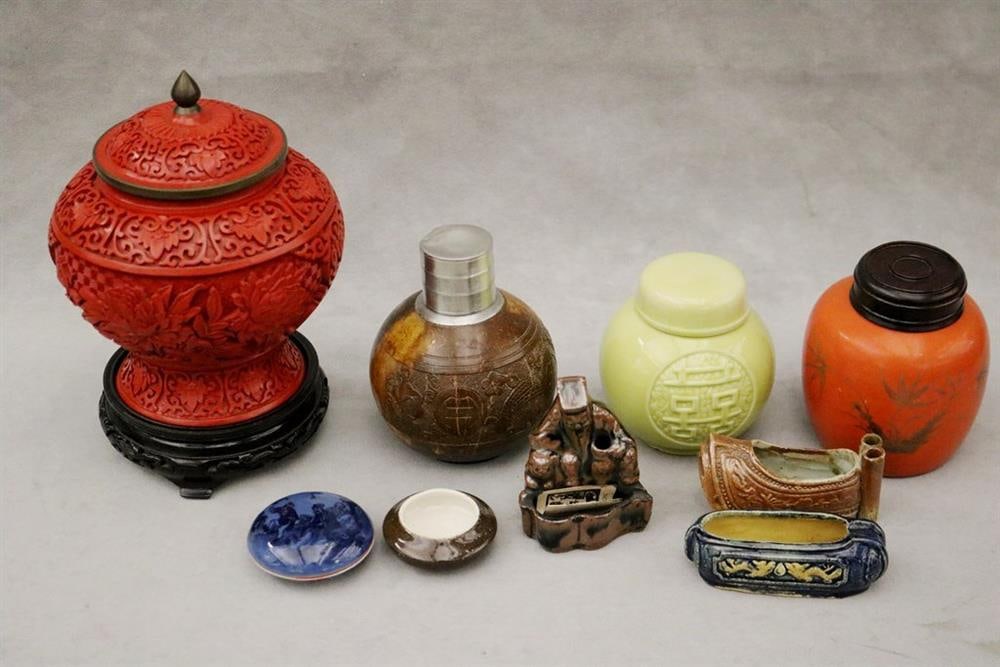 NINE CHINESE DECORATIVE AND FUNCTIONAL OBJECTS.: NINE CHINESE DECORATIVE AND FUNCTIONAL OBJECTS. Three liddled ginger jars; scholar's desk accessories including water dropper, seal paste box, red cinnabar-style ginger jar with a fitted stand, and s