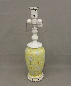CHINESE FAMILLE JAUNE PORCELAIN BALUSTER-FORM VASE MOUNTED AS TWO-LIGHT TABLE LAMP. - Vase portion,