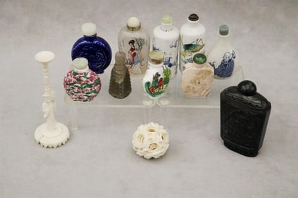 ELEVEN CHINESE OBJECTS INCLUDING TEN SNUFF BOTTLES AND PUZZLE BALL WITH STAND,