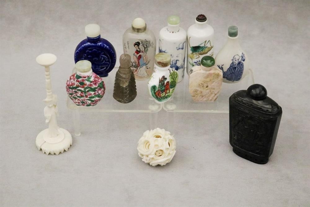 ELEVEN CHINESE OBJECTS INCLUDING TEN SNUFF BOTTLES AND PUZZLE BALL WITH STAND, (1 of 20)