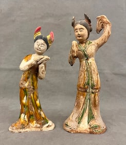 TWO CHINESE TANG POTTERY FIGURES OF FEMALE MUSICIANS, - Taller, H: 11 1/2 in.