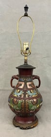 CHINESE CHAMPLEVE TWO-HANDLE VASE MOUNTED AS TABLE LAMP. - Vase portion, H: 12 in.