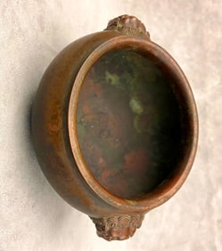 CHINESE BRONZE CIRCULAR CENSER WITH FU LION MASK, HANDLES, - D: 5 1/2 in.