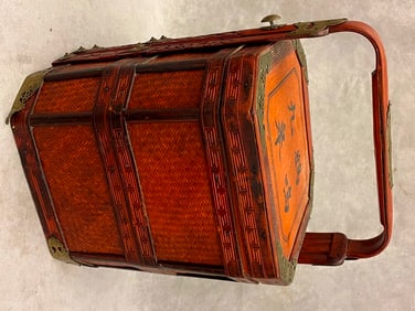 CHINESE THREE-TIER WEDDING BASKET WITH CARVED WOOD AND WICKER HAND CARVED MOTIFS AND RED LACQUER. -