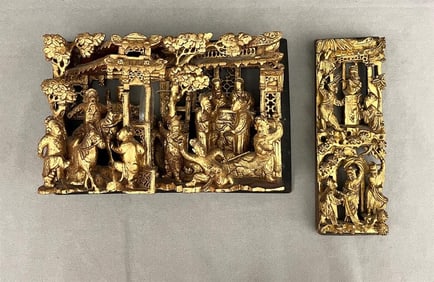 TWO ANTIQUE CHINESE CARVED AND GILTWOOD TEMPLE PANELS.