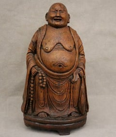 CHINESE BAMBOO ROOT CARVING OF THE BUDDHA OF THE FUTURE, MAITREYA, - height: 10.5 inches.