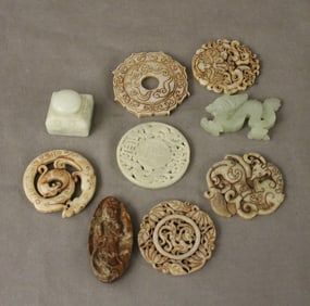 GROUP NINE CHINESE STONE CARVINGS, - D: 3 1/8 in.