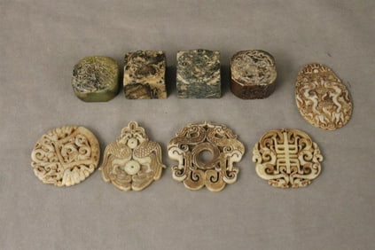 GROUP EIGHT CHINESE STONE AMULETS, CARVINGS, AND ONE MARBLE SEAL. - Largest, D: 3 1/4 in.