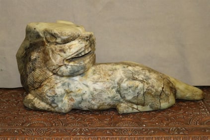 CHINESE CARVED GRAY-TO-CELADON GREEN JADE FIGURE OF RECLINING MYTHICAL ANIMAL, - H: 11 1/2 in. L: 25