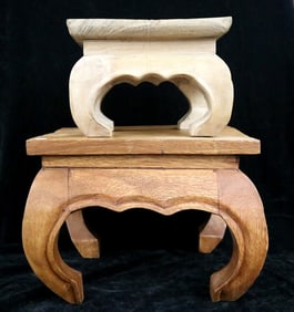 TWO CHINESE WOODEN DISPLAY TABLES. - Largest table: Height: 10.5 inches; top: 13.5 x 13.5 inches.