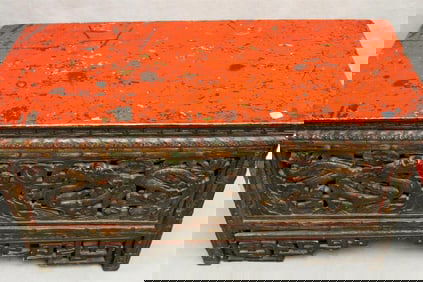 CHINESE CARVED AND RED LACQUERED RECTANGULAR-TOP STAND, late 19th-early 20th century. - H: 17 3/4