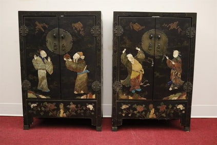 PAIR CHINESE BLACK LACQUERED TWO-DOOR CABINETS WITH PAINTED DECORATION AND HARDSTONE INLAID FIGURES,