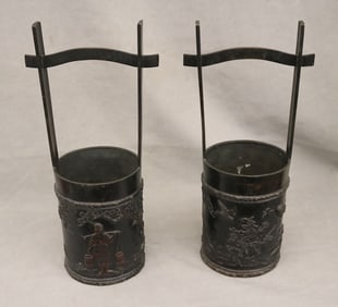 PAIR JAPANESE BRONZE CYLINDRICAL WATER BUCKETS OR TSURUBE. Meiji period,19th century - H: 19 1/2 in.