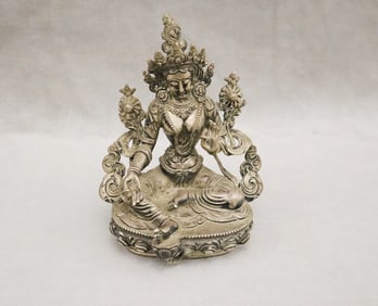HIMALAYAN SILVERED BRONZE OR COPPER ALLOY STATUE OF AVALOKITESHVARA; CHENREZIG IN TIBET. -