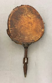 NEPALESE DHYANGRO DRUM WITH A CARVED BIRD HANDLE,