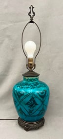 ANTIQUED PERSIAN OVOID CERAMIC VASE WITH BLACK PAINTED DECORATION ON TURQUOISE GLAZED GROUND, - Vase