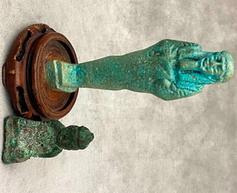 EGYPTIAN FAIENCE SHABTI TOGETHER WITH SMALL, WEATHERED SEATED BUDDHA. , - Height (shabti excluding