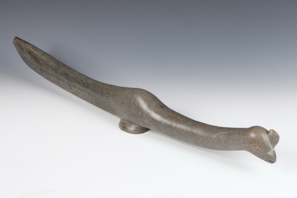 AFRICAN CARVED SHONA GRAY STONE SCULPTURE OF STYLIZED PEACOCK, signed Josia. - 30 1/2 in. x 4 in. (1 of 5)