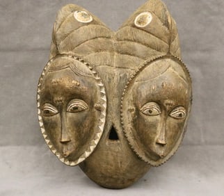 IVORY COAST BAULE BICEPHALOUS JE MASK, - Height: 14.5 inches.