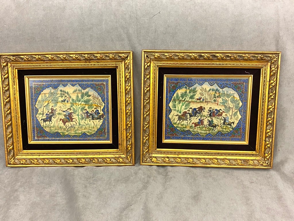 TWO PERSIAN QAJAR PERIOD-STYLE PAINTINGS, - Sight: (excluding frame): 7.5 x 9 inches; frame: 13.5 x: TWO PERSIAN QAJAR PERIOD-STYLE PAINTINGS. Pair of Persian paintings in the Qajar period-style. They depict traditional Hunting Scenes (often called a shikargah) which is a classical theme in Persian l