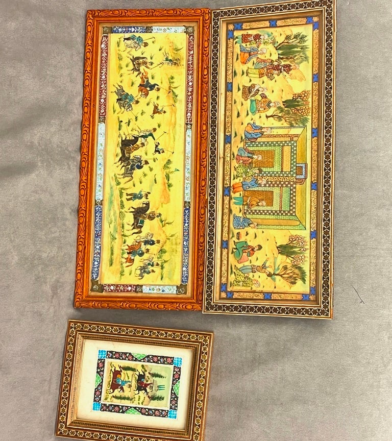 THREE PERSIAN QAJAR-STYLE PAINTINGS, TWO PRESENTED IN KHATAMKARI FRAMES, - sight 6.5 x 17 inches; (1 of 20)