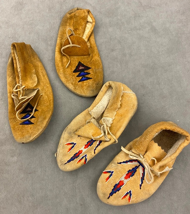 TWO PAIRS OF NATIVE AMERICAN BEADED HIDE MOCCASINS, - Length: 9.5 inches (1 of 19)