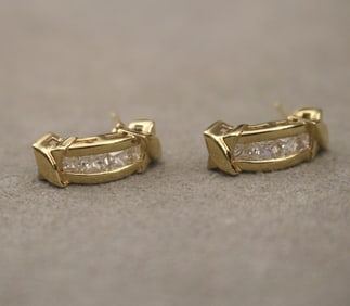 PAIR MEXICAN 14K YELLOW GOLD AND CUBIC ZIRCONIA CRESCENT FORM POST-BACK EARRINGS, - L: 13/16 in.