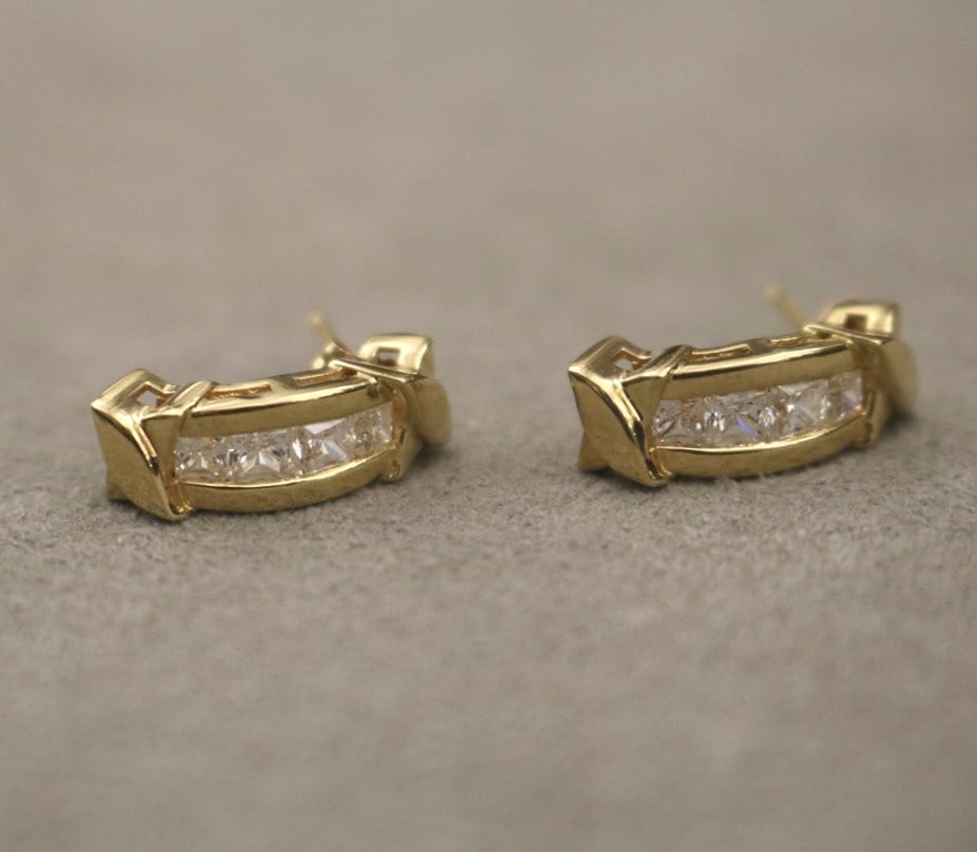 PAIR MEXICAN 14K YELLOW GOLD AND CUBIC ZIRCONIA CRESCENT FORM POST-BACK EARRINGS, - L: 13/16 in. (1 of 12)